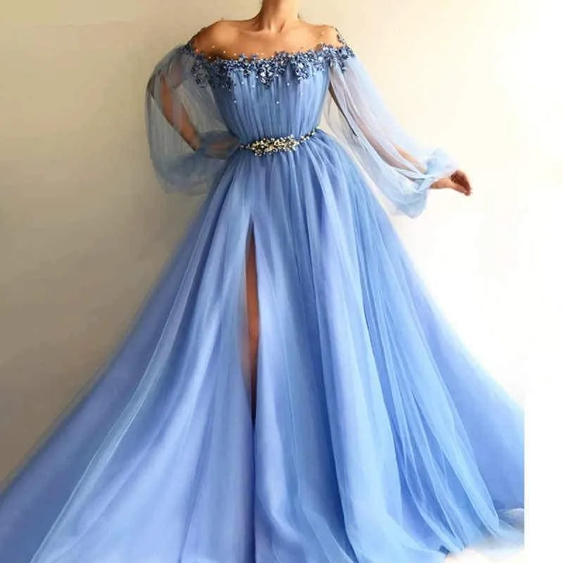 Elegant Blue Long Sleeves Off the Shoulder Beaded Side Slit Prom Dresses TN167