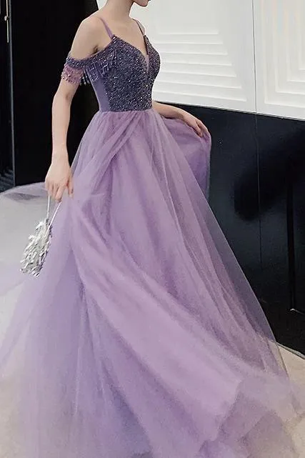 Elegant Cold Shoulder Beaded Lavender Long Prom/Party Dress PSK182