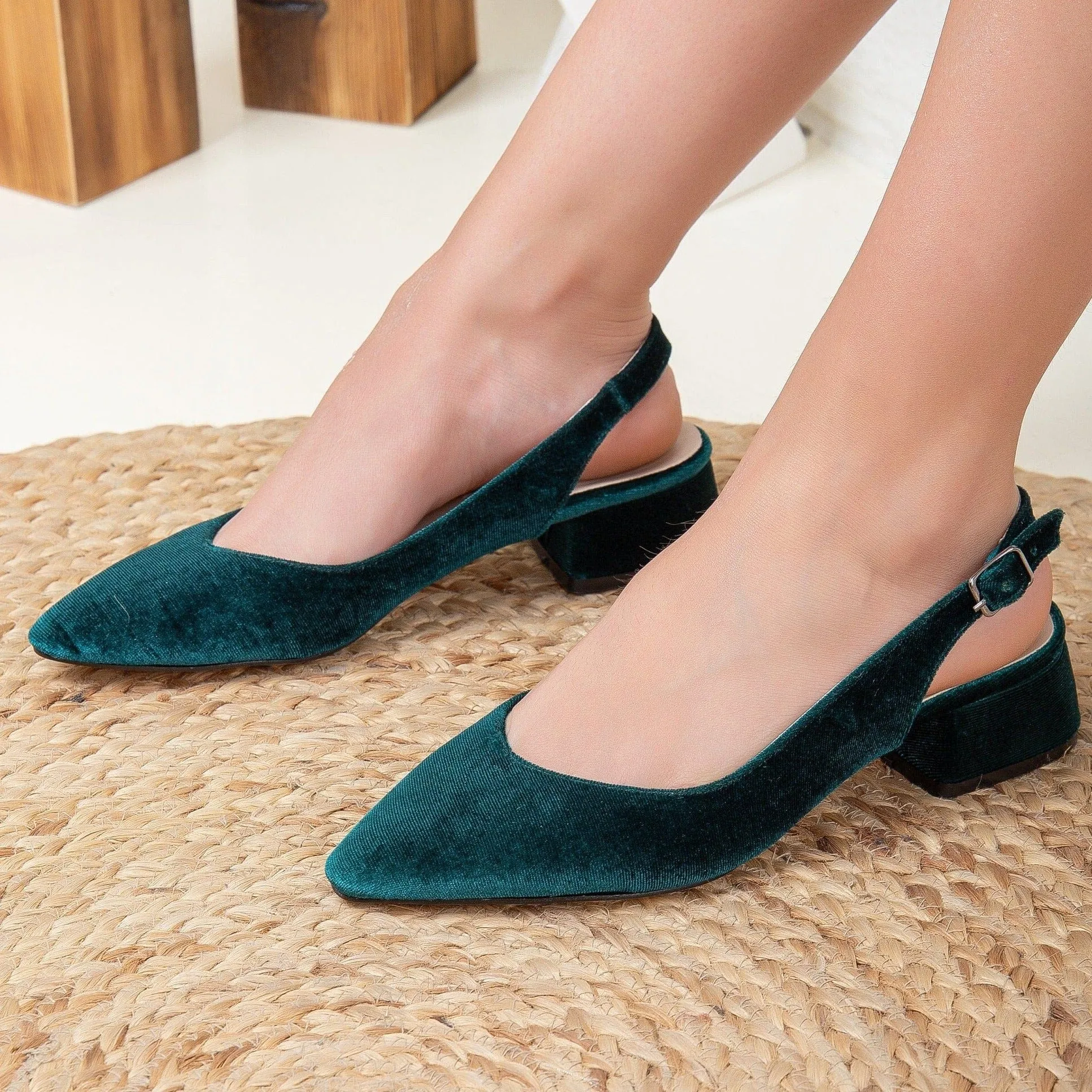 Emma Velvet Vegan Slingback Low Heels | Green