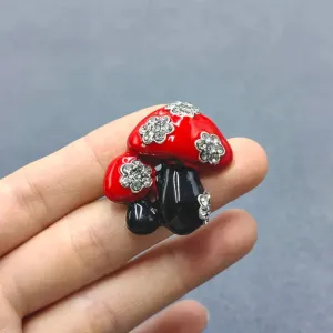 Enamel Double Mushroom Brooch Inlaid with Rhinestone