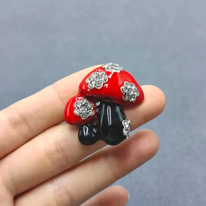 Enamel Double Mushroom Brooch Inlaid with Rhinestone