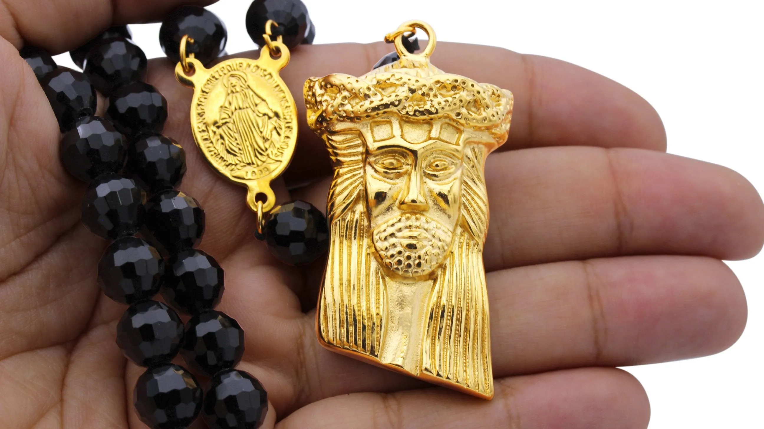 Fancy Rosary Necklace Five Decade Catholic Prayer Acrylic Beads Jesus Pendant