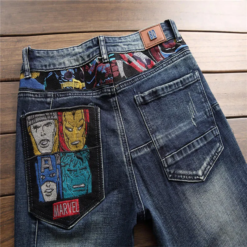 Fashion Embroidery Patchwork Men's Jeans Slim Straight Pants