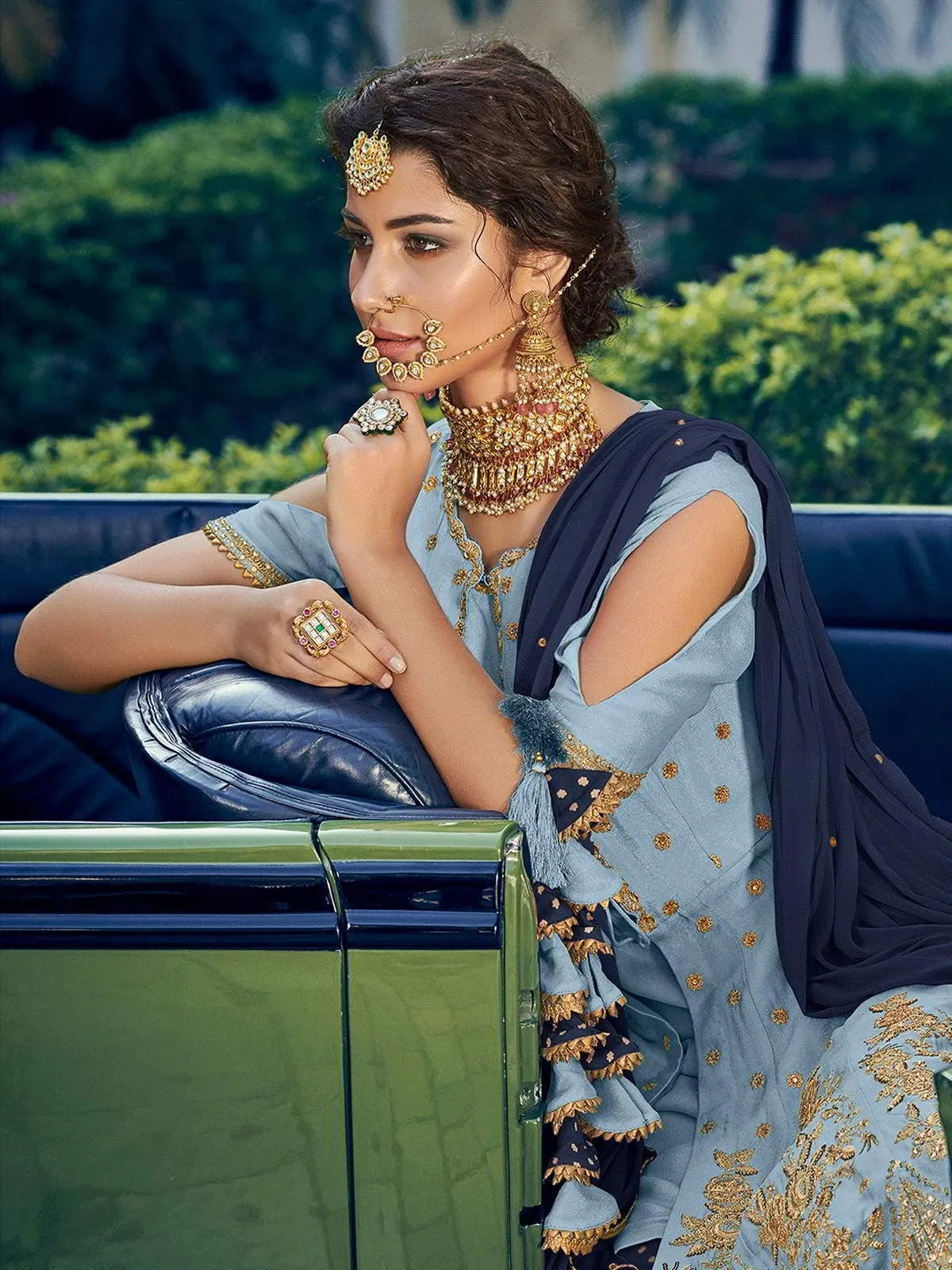 Firozi and Blue Embellished Gharara Suit