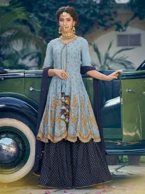 Firozi and Blue Embellished Gharara Suit