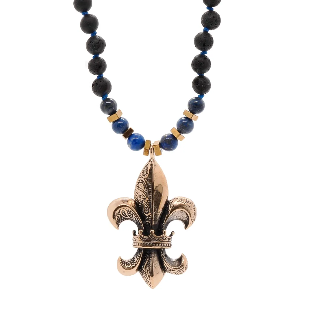 Fleur de Lis Pendant Lava Rock Stone Beaded Necklace