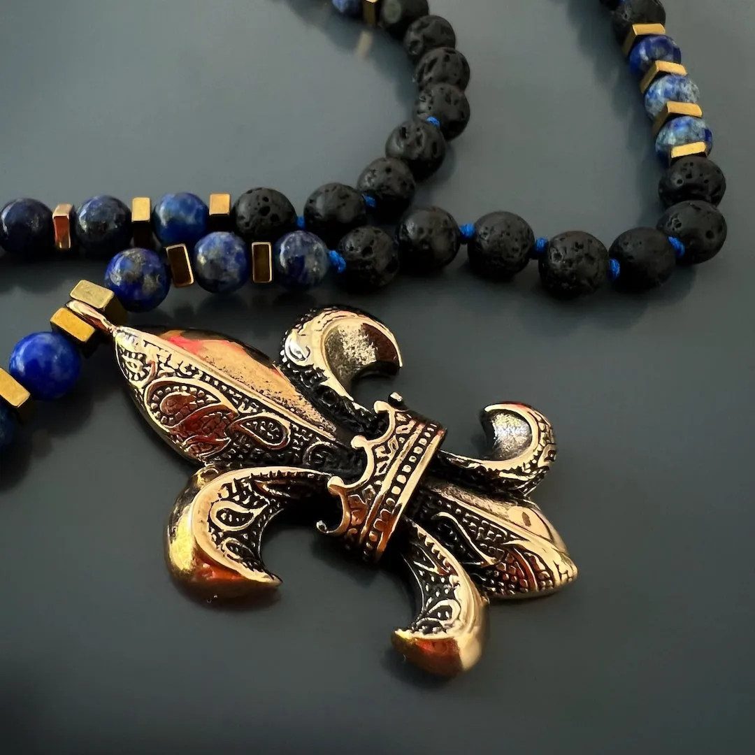 Fleur de Lis Pendant Lava Rock Stone Beaded Necklace