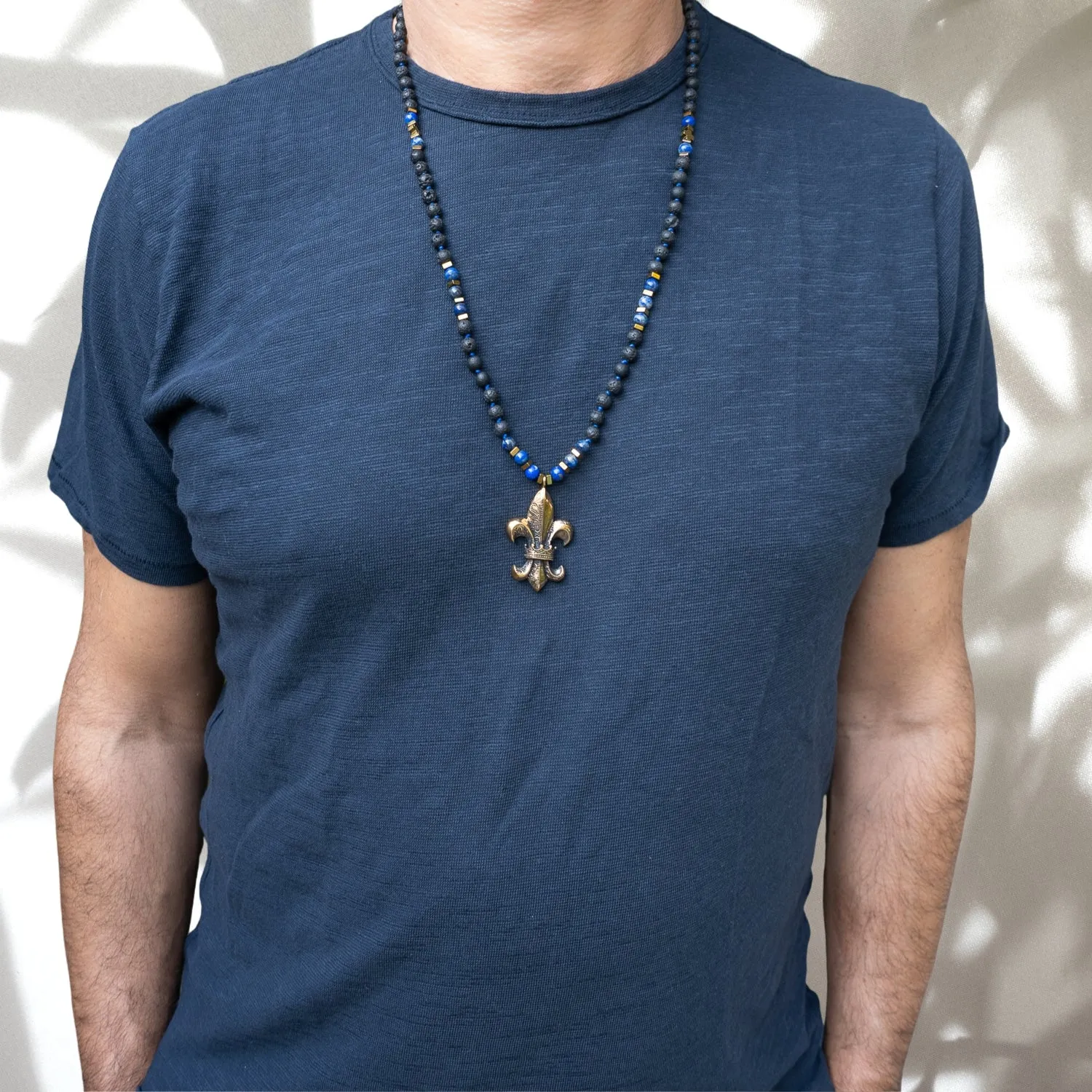 Fleur de Lis Pendant Lava Rock Stone Beaded Necklace
