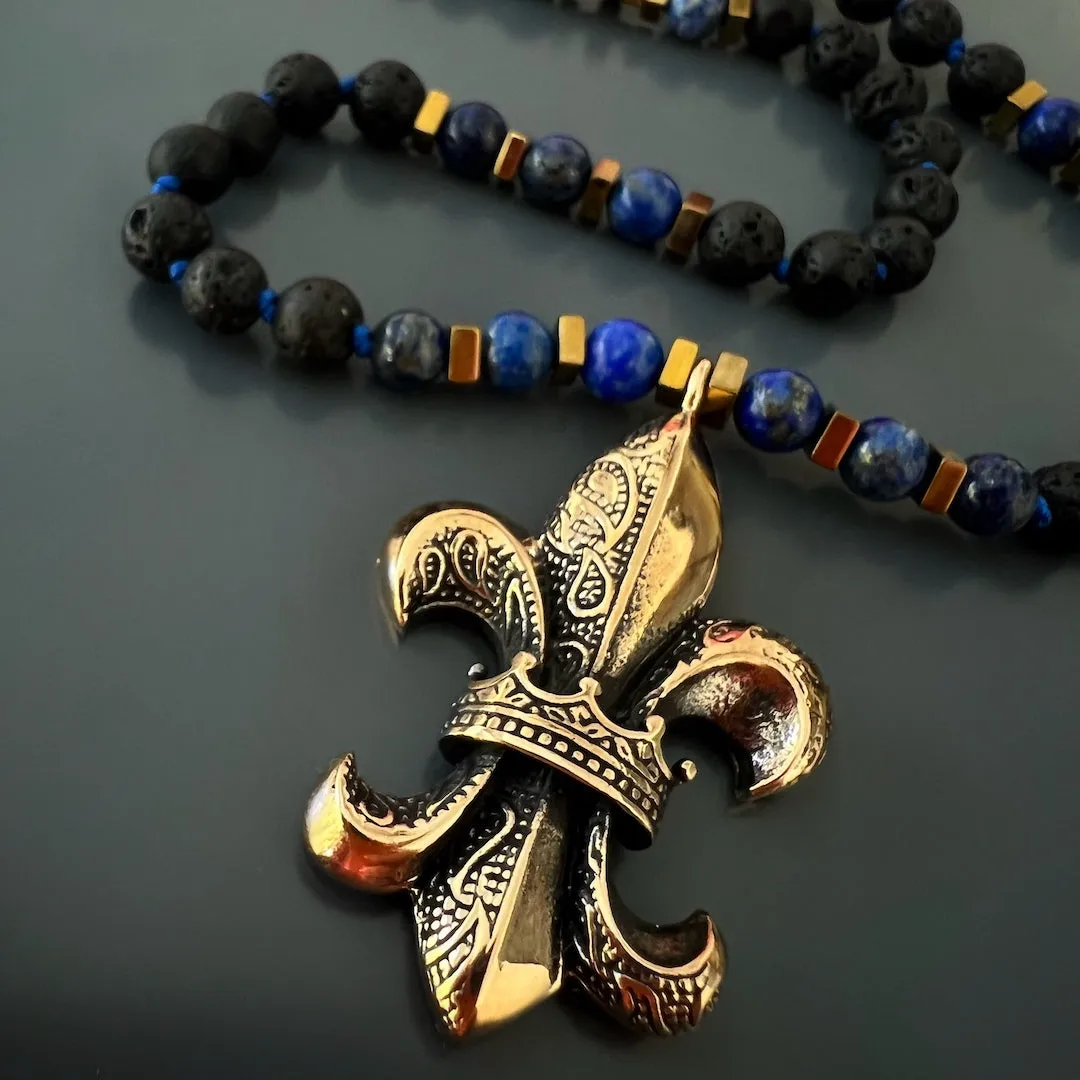 Fleur de Lis Pendant Lava Rock Stone Beaded Necklace