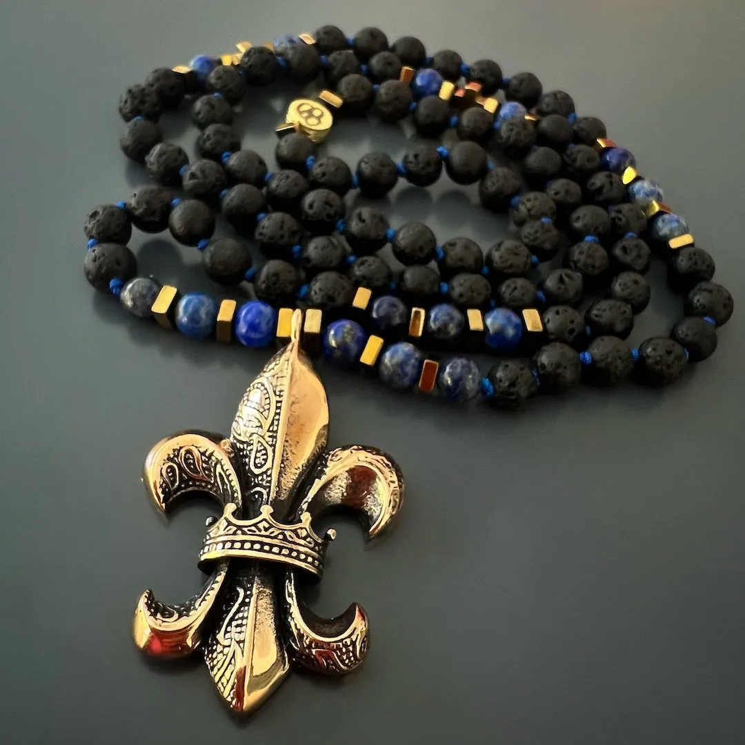 Fleur de Lis Pendant Lava Rock Stone Beaded Necklace