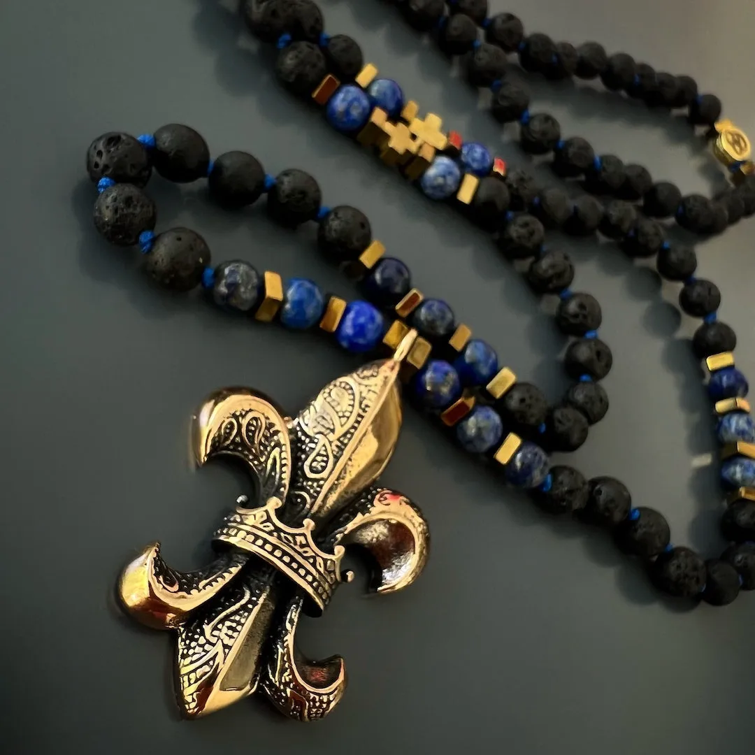 Fleur de Lis Pendant Lava Rock Stone Beaded Necklace