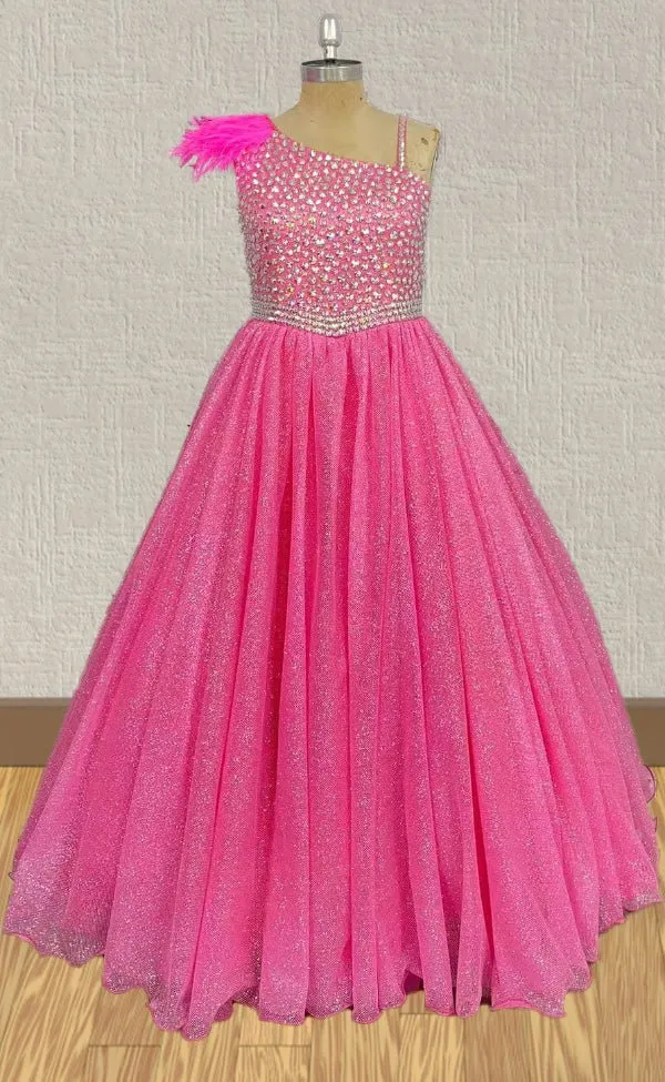 Floor-length Fuchsia Prom Gown with Beaded and Feather