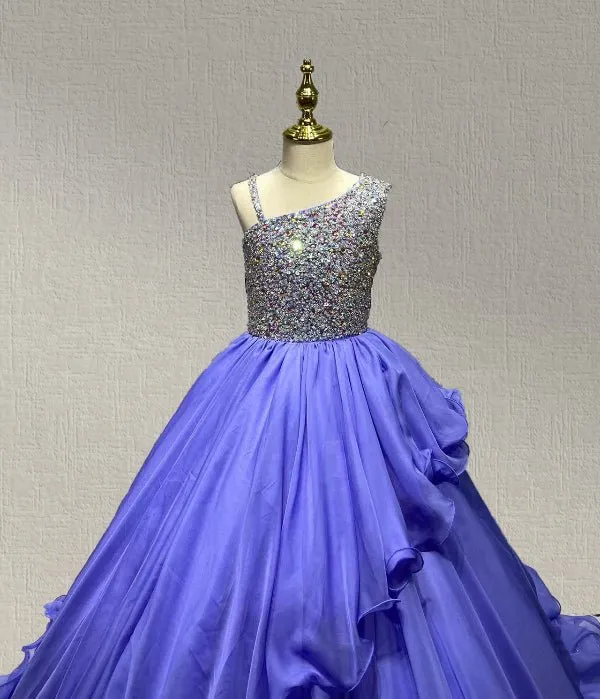 Floor-length Purple Pageant Gown with Beaded and Cape