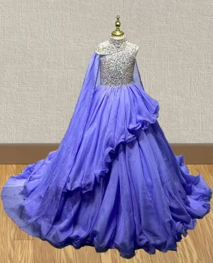 Floor-length Purple Pageant Gown with Beaded and Cape