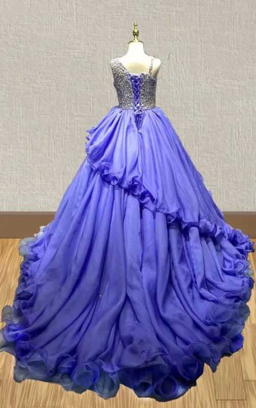 Floor-length Purple Pageant Gown with Beaded and Cape