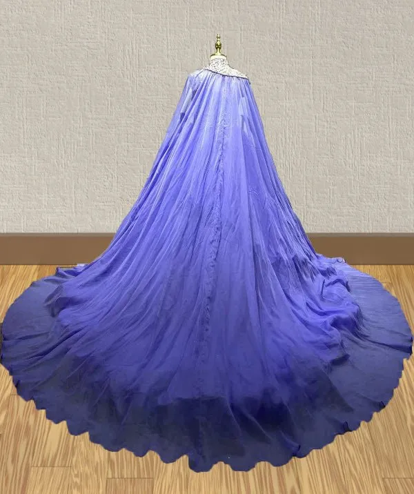 Floor-length Purple Pageant Gown with Beaded and Cape