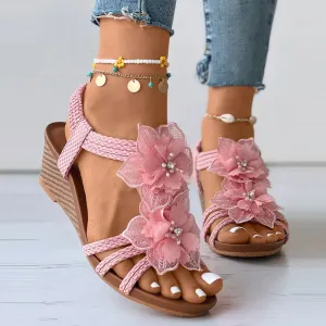 Floral Pattern Beaded Boho Wedge Shoes