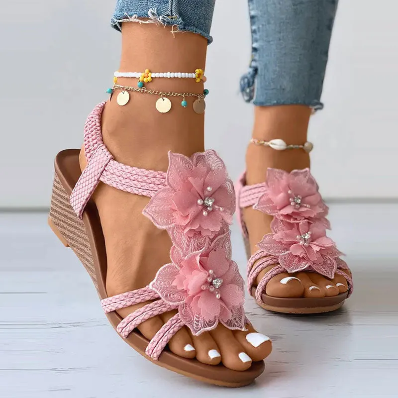 Floral Pattern Beaded Boho Wedge Shoes