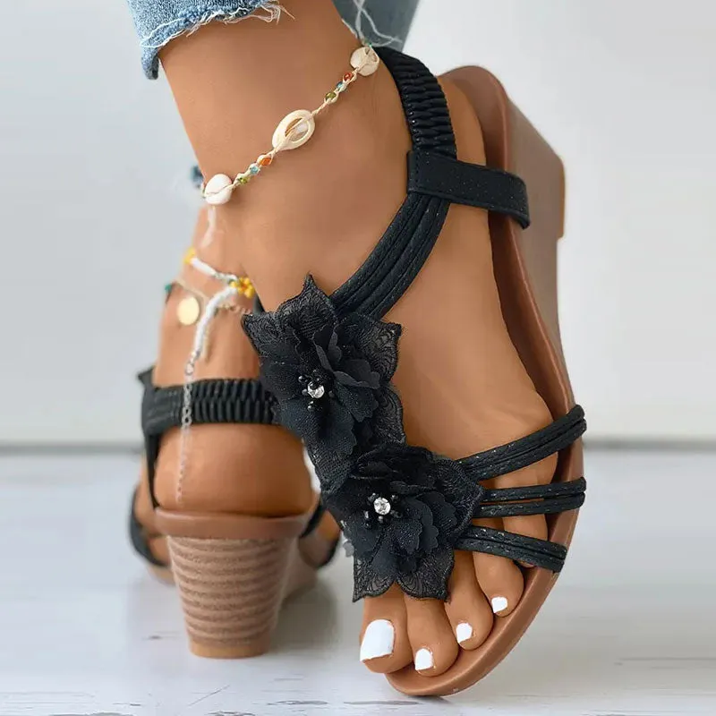 Floral Pattern Beaded Boho Wedge Shoes