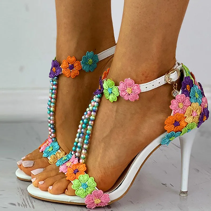 Floral Pattern Lace Beaded Colorful Thin Heels