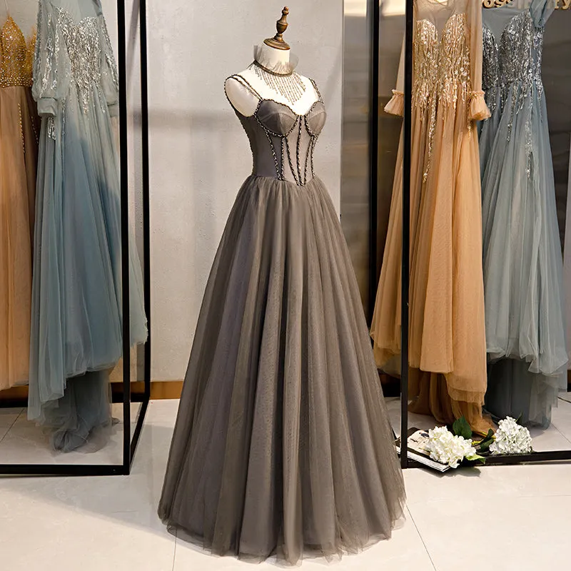 Glam Grey Beaded Tulle Long Evening Dress Party Dress, A-line Straps Evening Formal Dresses