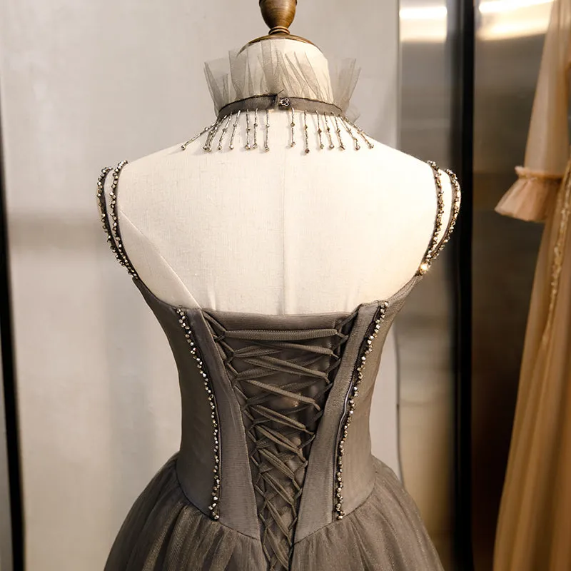 Glam Grey Beaded Tulle Long Evening Dress Party Dress, A-line Straps Evening Formal Dresses