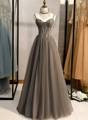 Glam Grey Beaded Tulle Long Evening Dress Party Dress, A-line Straps Evening Formal Dresses
