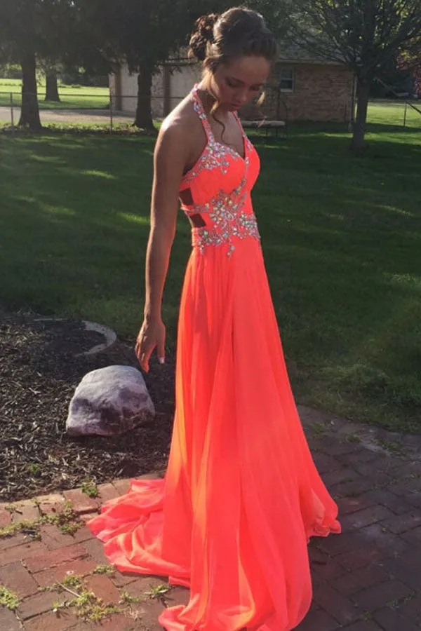 Glamorous Halter Open Back Sweep Train Orange Prom Dress with Beading Rhinestone LPD057