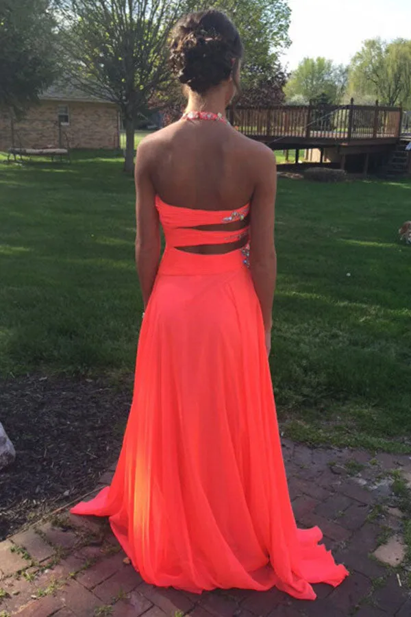 Glamorous Halter Open Back Sweep Train Orange Prom Dress with Beading Rhinestone LPD057