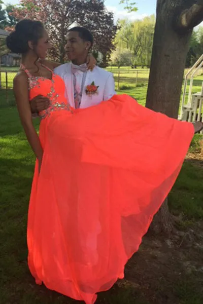 Glamorous Halter Open Back Sweep Train Orange Prom Dress with Beading Rhinestone LPD057