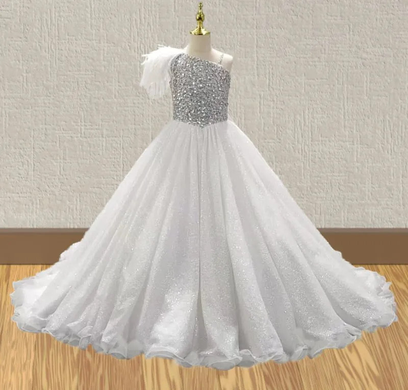 Glitz Beaded Bodice Flower GIrls White Prom Couture