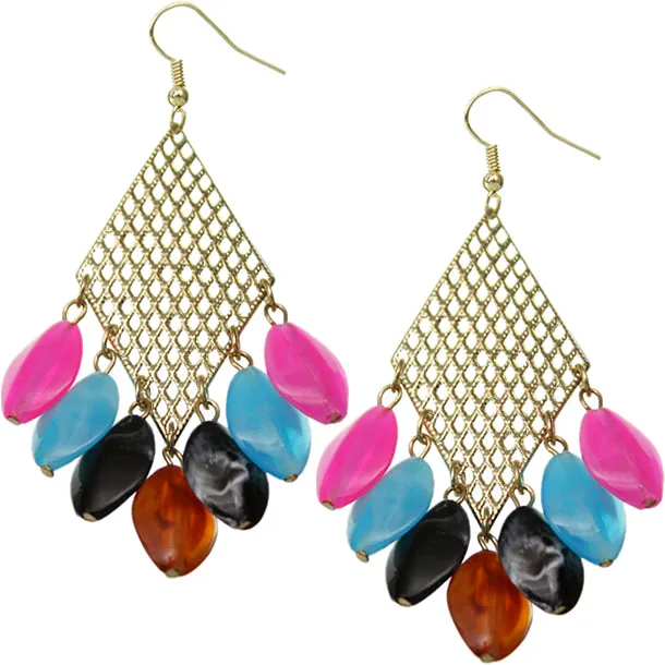 Gold Multicolor Beaded Filigree Caged Dangle Earrings