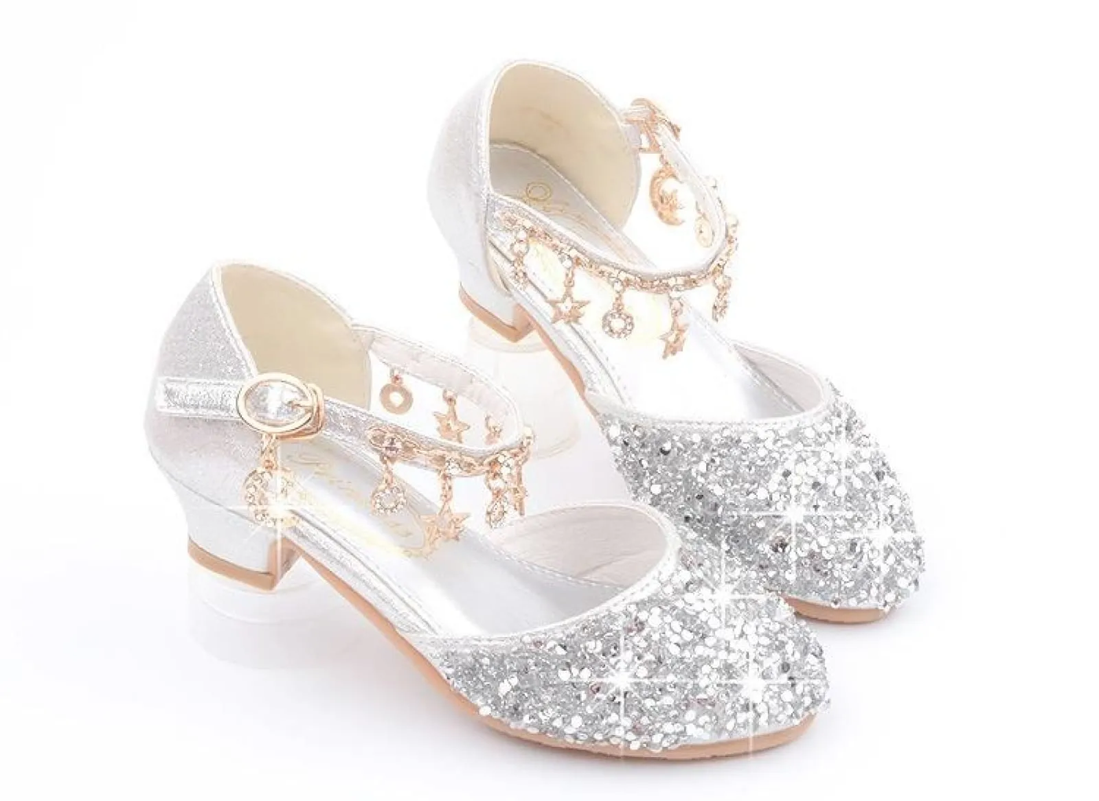 Gold / Silver / Pink Sequin Rhinestone Sandals Wedding Flower Girl Shoes High Heels Princess Dancing Shoes