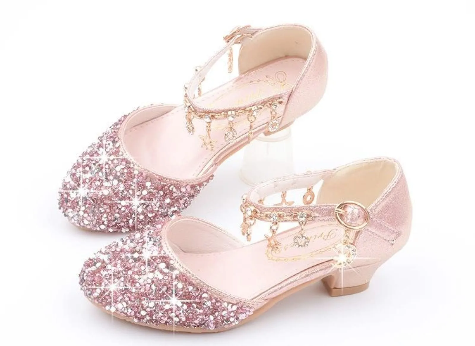 Gold / Silver / Pink Sequin Rhinestone Sandals Wedding Flower Girl Shoes High Heels Princess Dancing Shoes