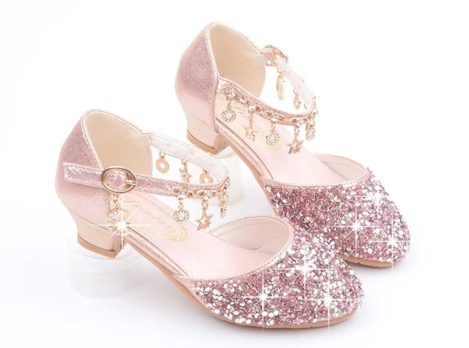 Gold / Silver / Pink Sequin Rhinestone Sandals Wedding Flower Girl Shoes High Heels Princess Dancing Shoes