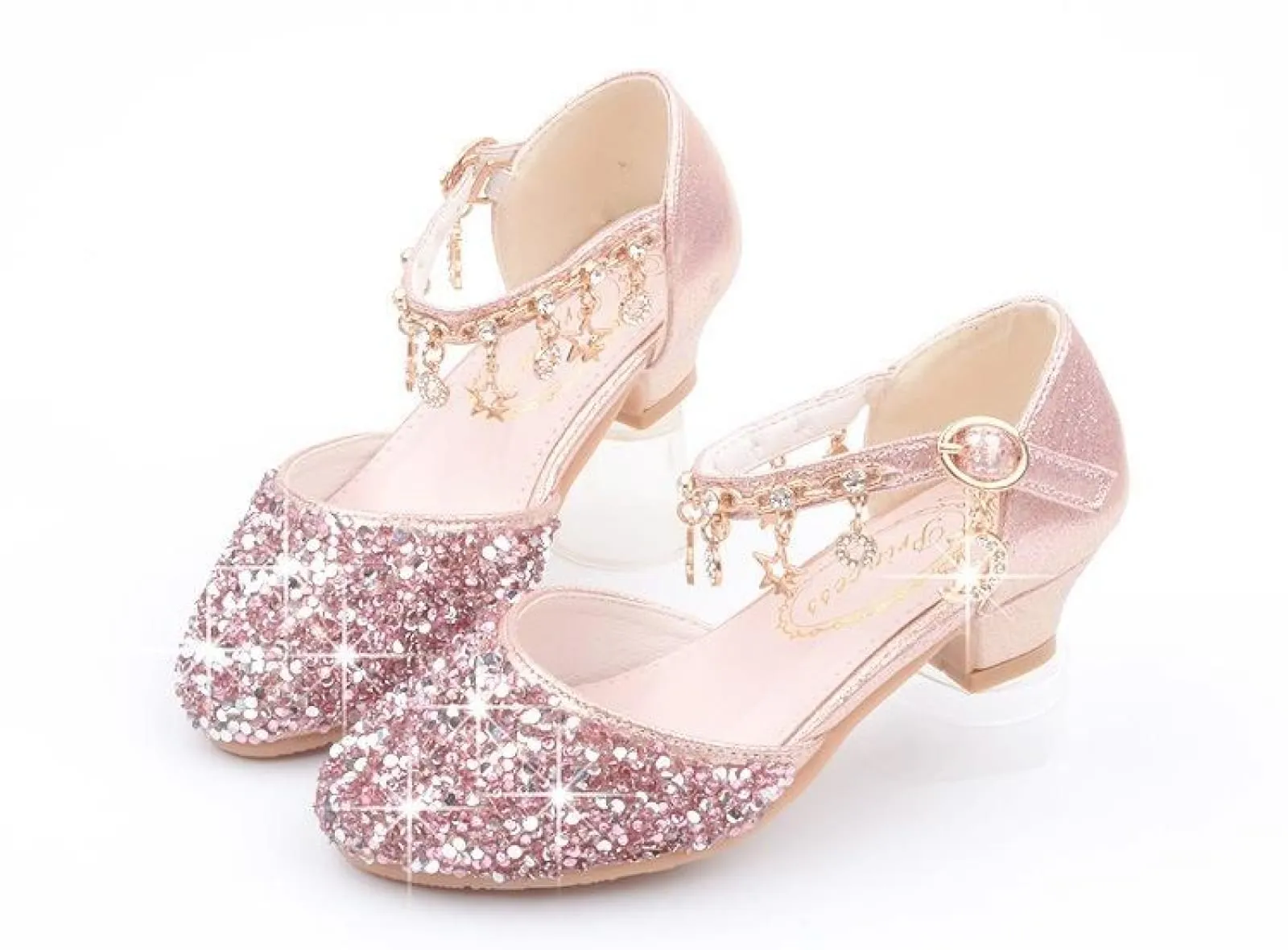 Gold / Silver / Pink Sequin Rhinestone Sandals Wedding Flower Girl Shoes High Heels Princess Dancing Shoes