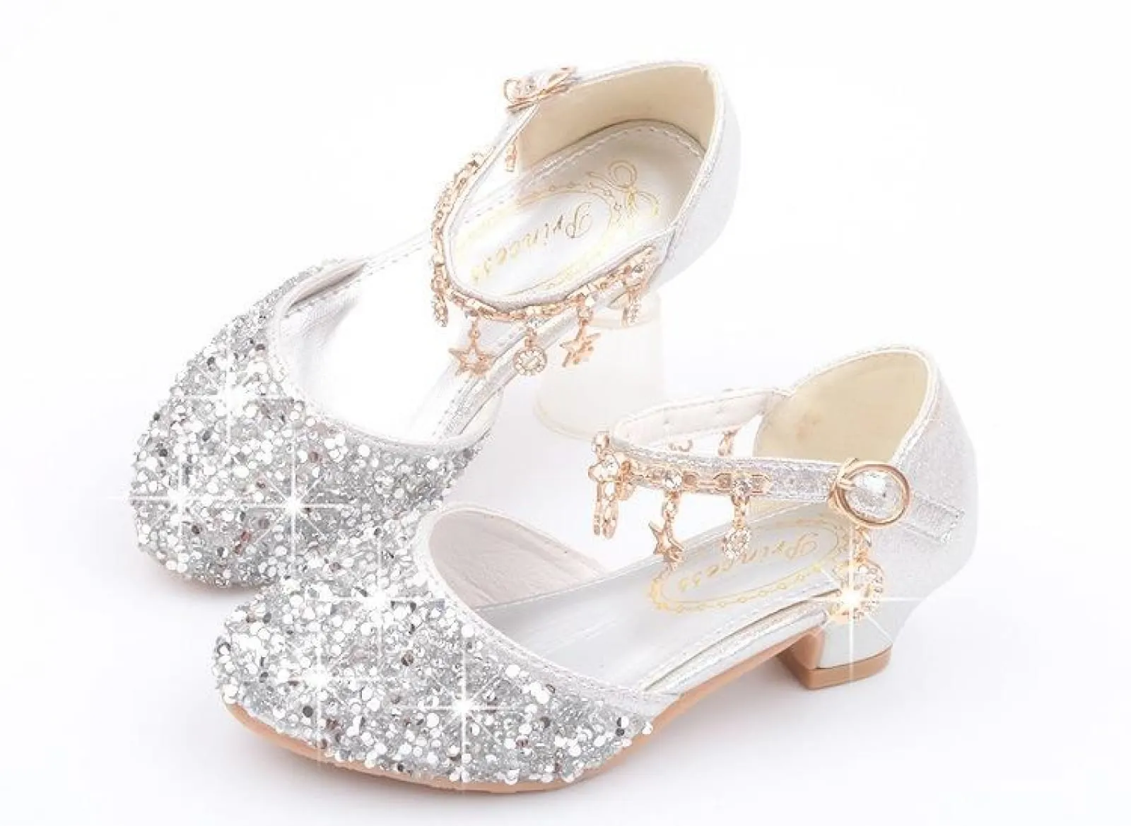 Gold / Silver / Pink Sequin Rhinestone Sandals Wedding Flower Girl Shoes High Heels Princess Dancing Shoes