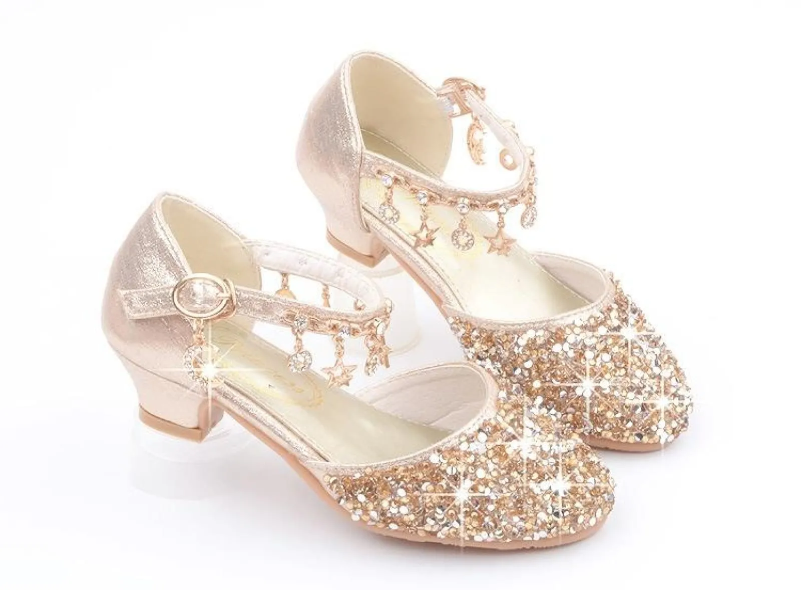Gold / Silver / Pink Sequin Rhinestone Sandals Wedding Flower Girl Shoes High Heels Princess Dancing Shoes