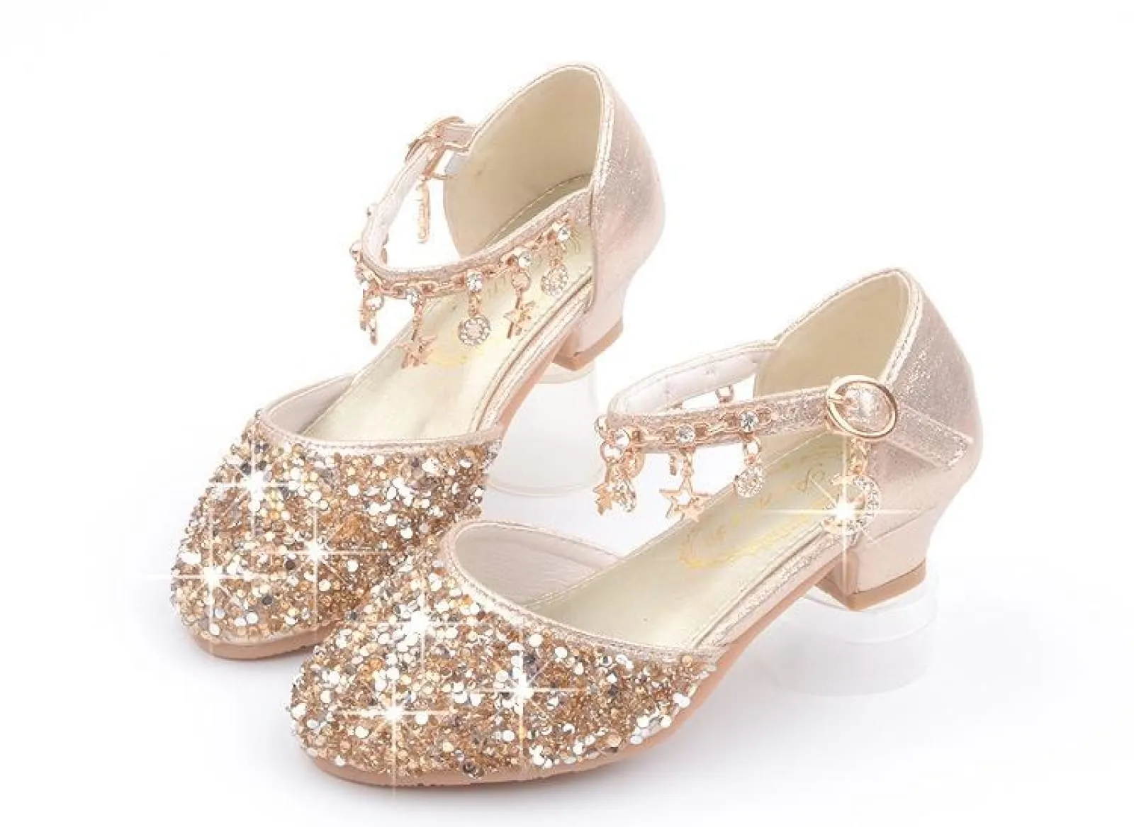 Gold / Silver / Pink Sequin Rhinestone Sandals Wedding Flower Girl Shoes High Heels Princess Dancing Shoes