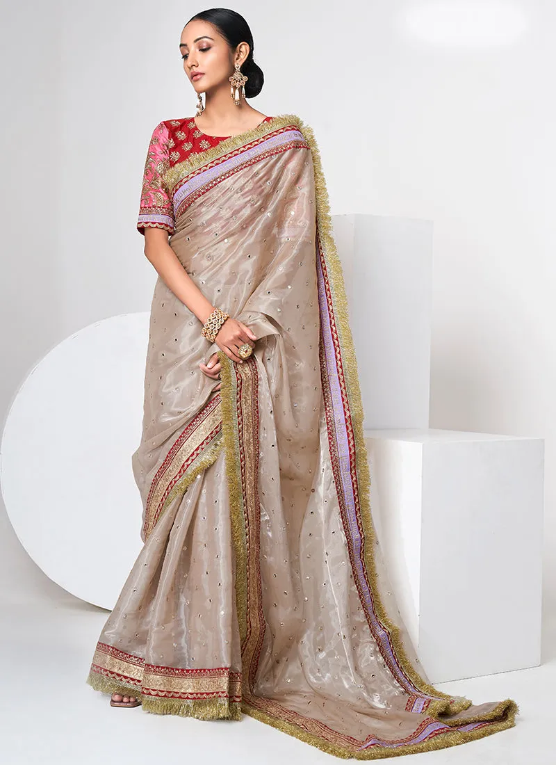 Golden Beige And Red Mirror Work Embroidery Organza Saree