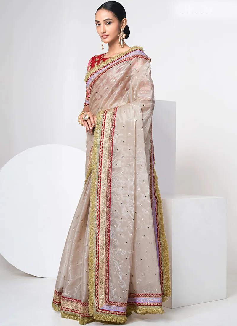 Golden Beige And Red Mirror Work Embroidery Organza Saree