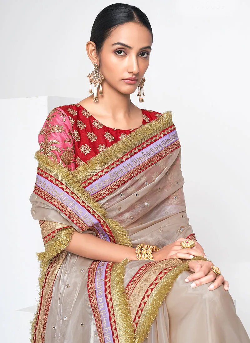 Golden Beige And Red Mirror Work Embroidery Organza Saree