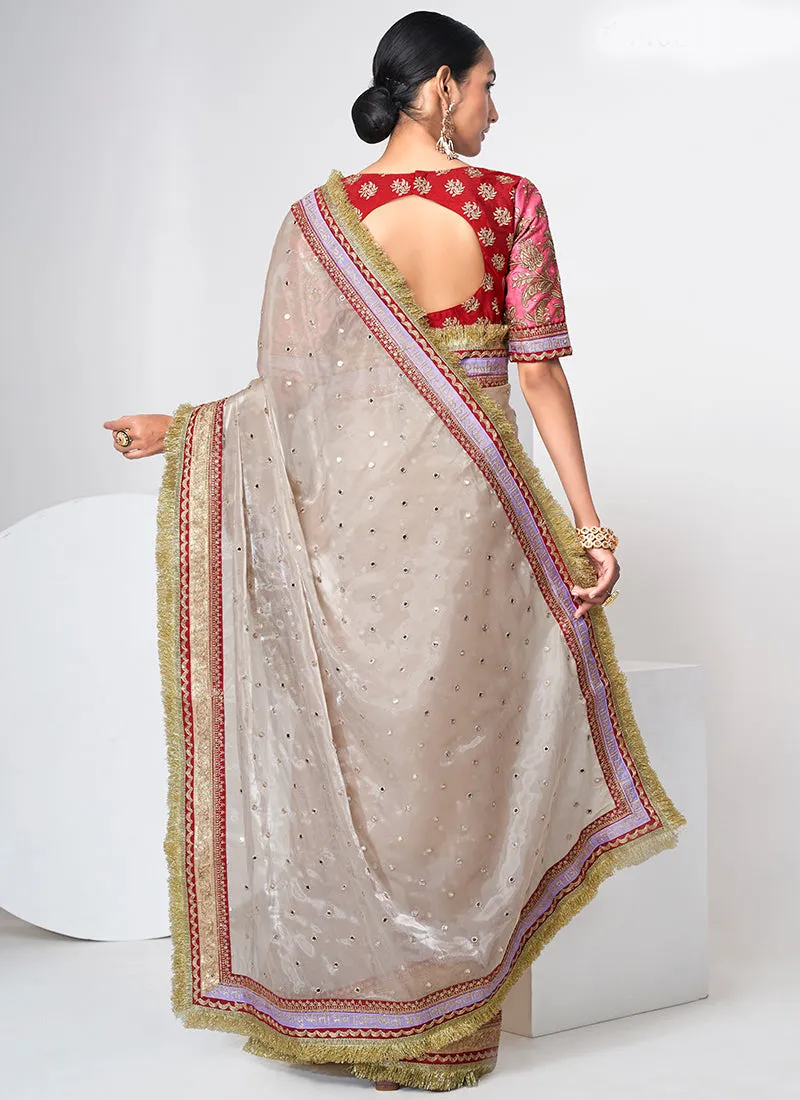 Golden Beige And Red Mirror Work Embroidery Organza Saree