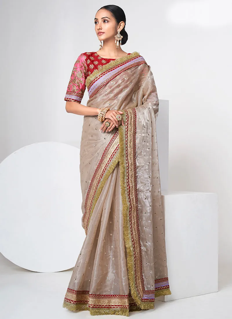 Golden Beige And Red Mirror Work Embroidery Organza Saree