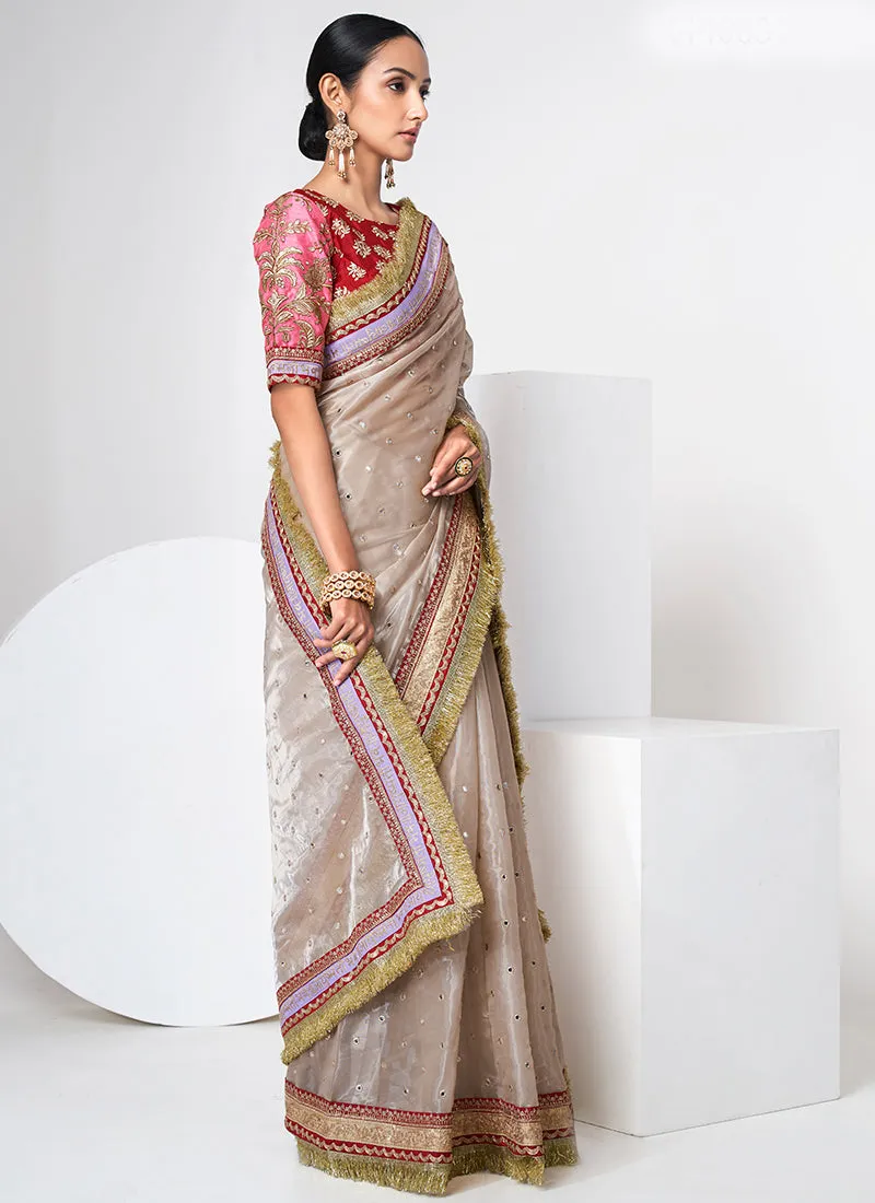 Golden Beige And Red Mirror Work Embroidery Organza Saree