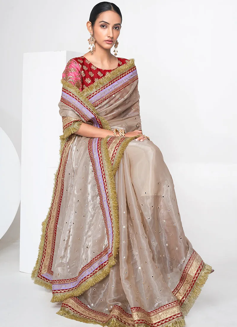 Golden Beige And Red Mirror Work Embroidery Organza Saree