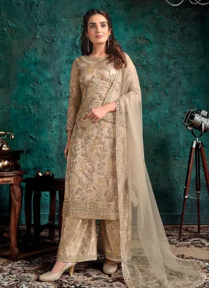 Golden Beige Embroidered Pakistani Pant Suit