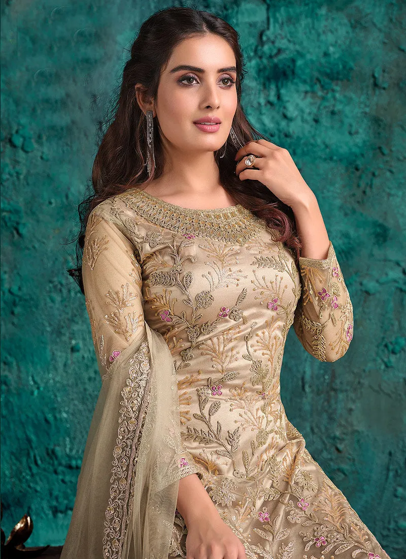 Golden Beige Embroidered Pakistani Pant Suit