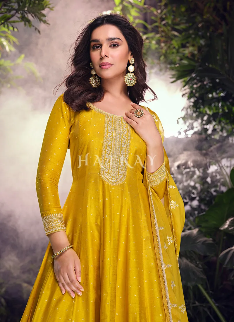 Golden Yellow Anarkali Sharara Suit