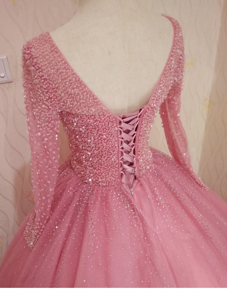 Gorgeous Wine Red Tulle Beaded Long Sleeves Prom Gown, Sweet 16 Dresses